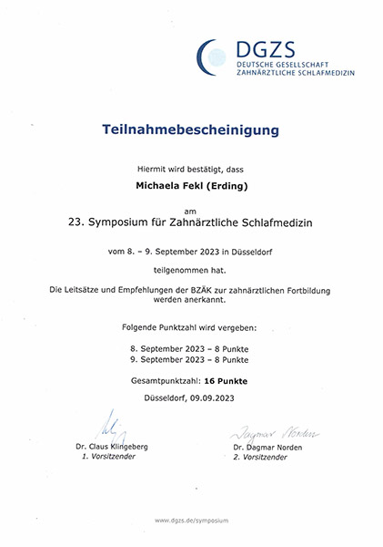 Zertifikat Fortbildung in der Zahnärztlichen Schlafmedizin